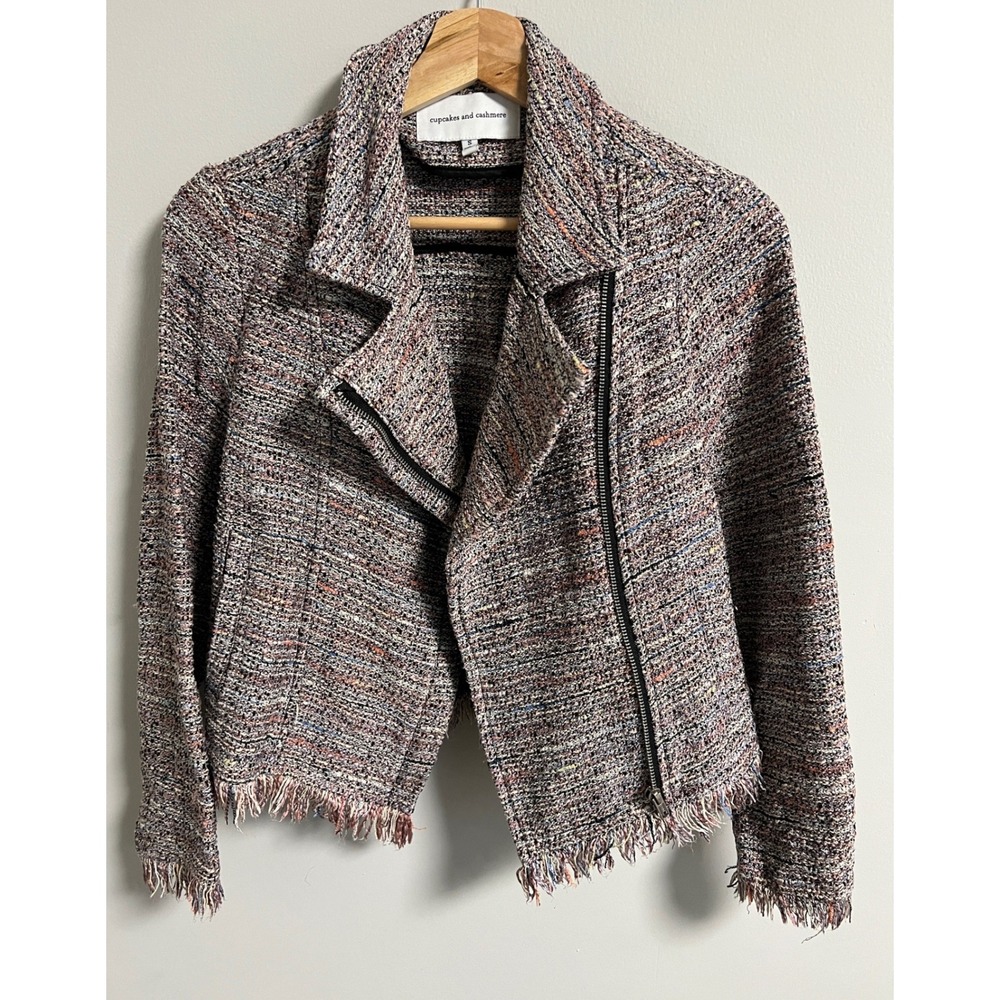 cupcakes and cashmere Tweed Moto Jacket Asymmetrical Fringe S Multi-Color Edgy